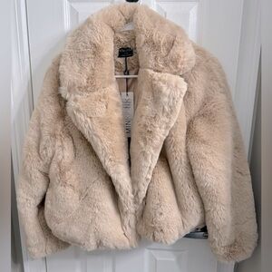 MINKPINK size large Anya faux fur coat, oatmeal, cream color.